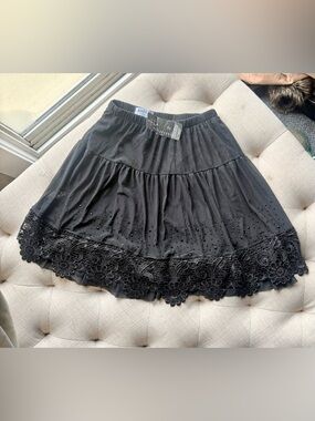 Angela Black Mini Skirt with Lace Hem and Bead Accents